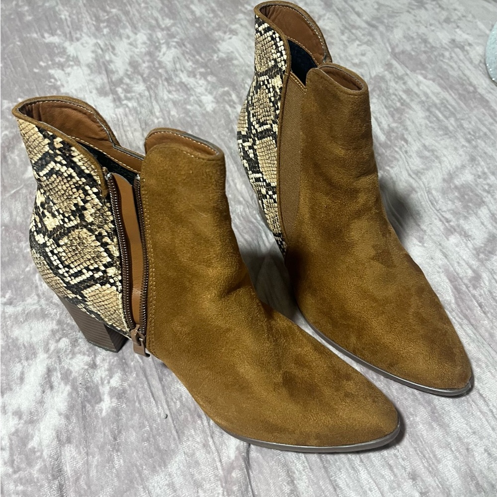 Tan Suede Ankle Booties with Snake Print Accent